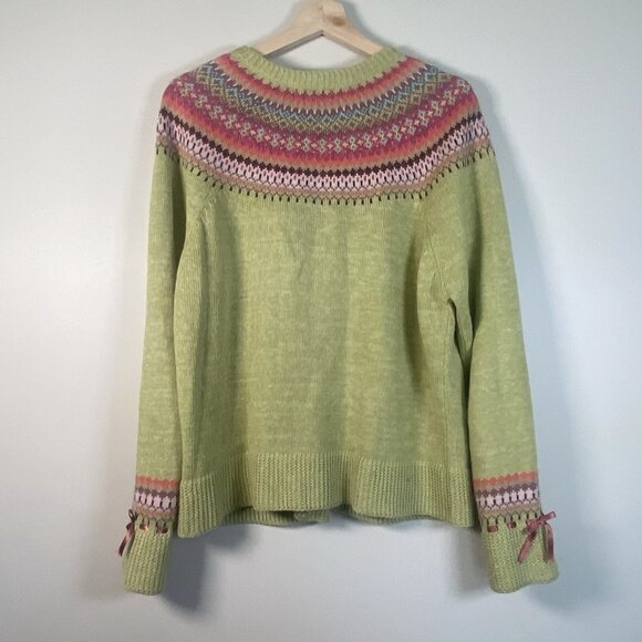 VTG Tiara International Sweater Women L Green Fair Isle Full Button Cotton Blend - Picture 4 of 9